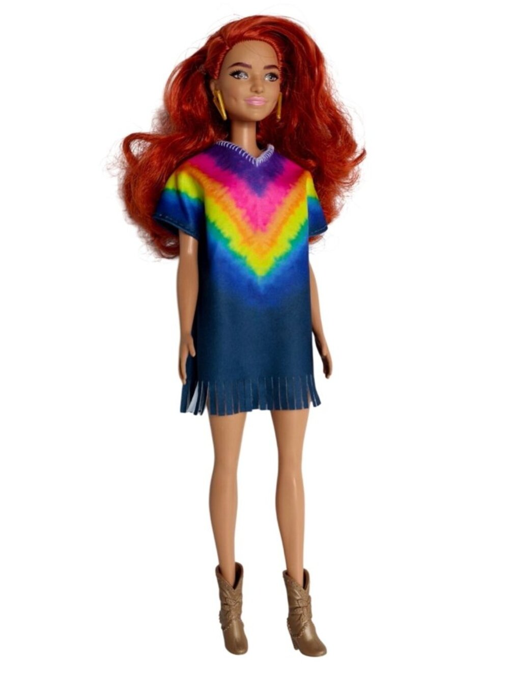 Barbie Fashionista Doll #141 Red Hair Tie-Dye Fringe Dress Western Boots 2019